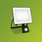 Een rechthoekige LED-schijnwerper met bewegingssensor op een groene achtergrond, bedoeld voor buitenverlichting.