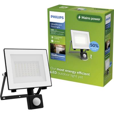 Philips LED schijnwerper met bewegingsmelder en verpakking, gelabeld 'Netspanning' en '50% meer energiebesparing'.