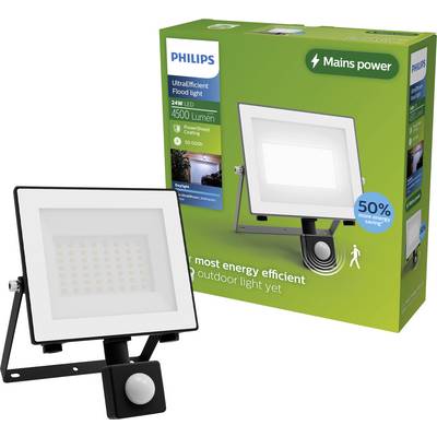 Philips LED-schijnwerper met bewegingssensor weergegeven naast zijn groene productdoos, gelabeld 24W, 4500 lumen en 'Netvoeding'.