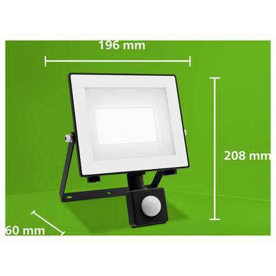 Diagram van een rechthoekige LED-schijnwerper met bewegingssensor, met gelabelde afmetingen van 196 mm breed, 208 mm hoog en 60 mm diep.