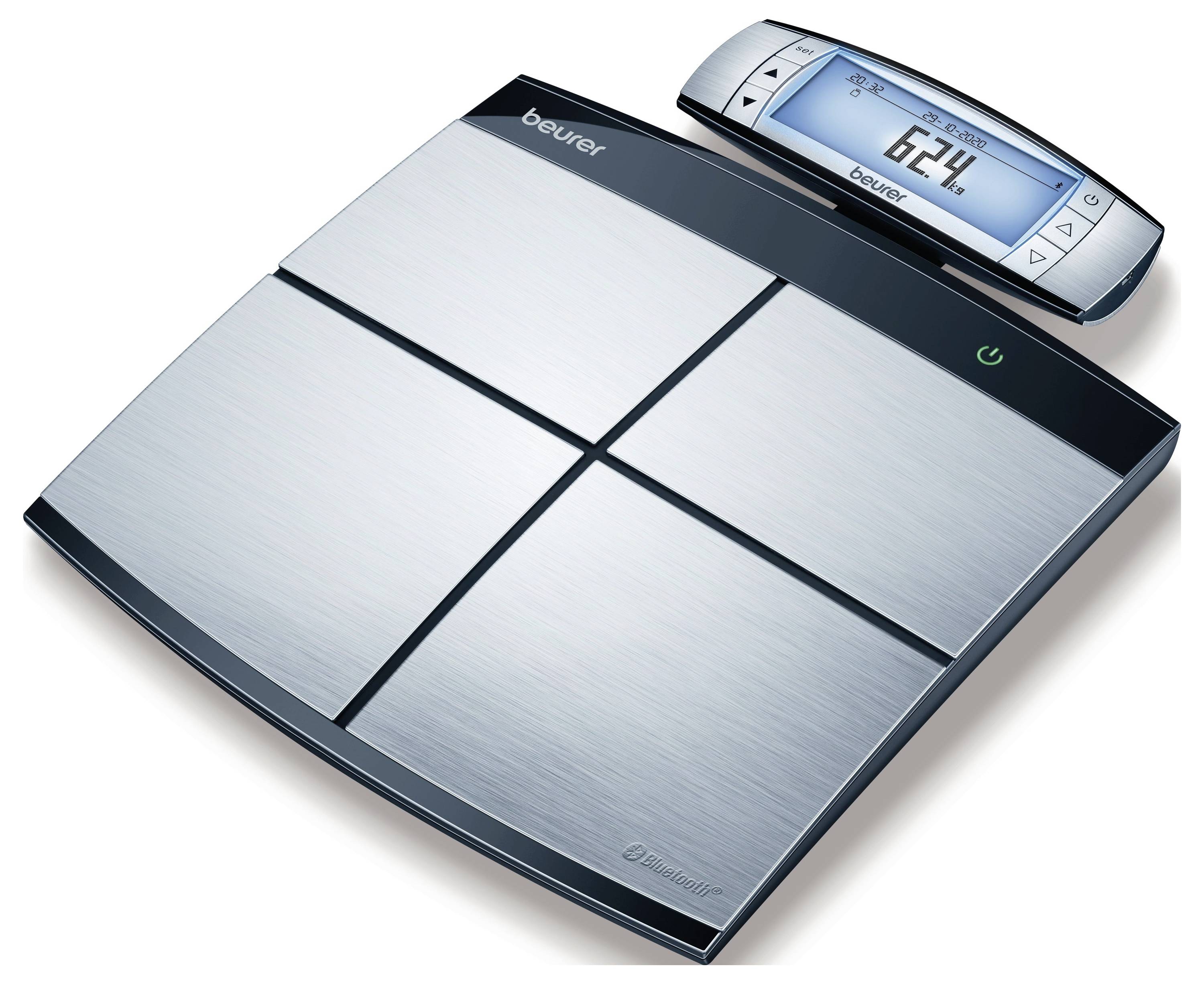 Digitale weegschaal met roestvrijstalen platform, toont '62,4 kg' op een apart display.