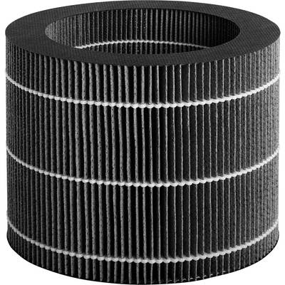 Een cilindrische luchtfilter met een fijn zwart rooster, verticale ribbels langs de gehele behuizing.