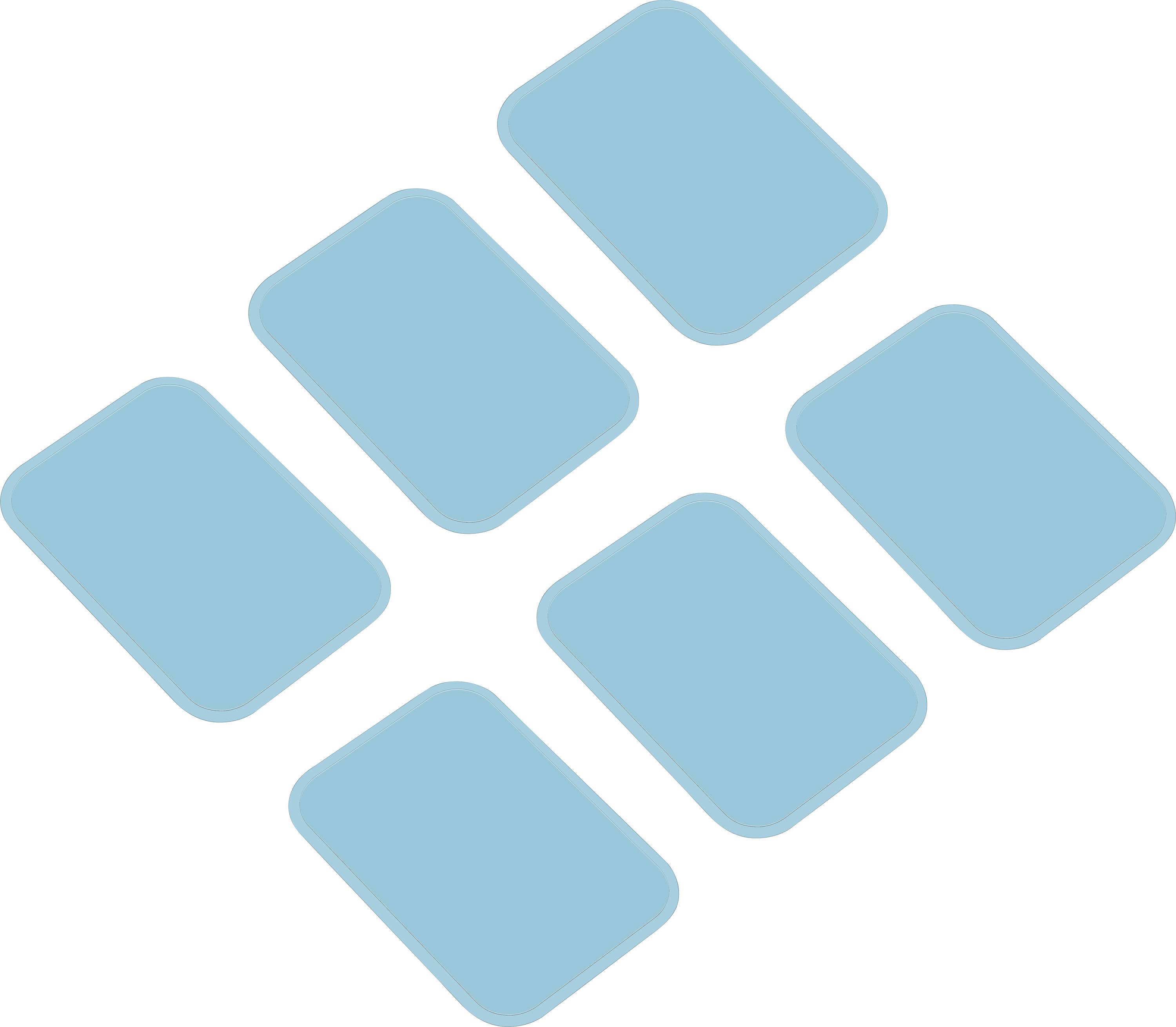 Zes blauwe rechthoeken die diagonaal tot een patroon zijn gerangschikt.