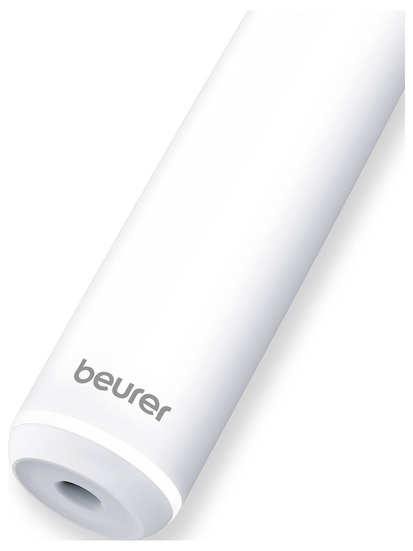 Witte, cilindrische elektronische pen met het opschrift 'beurer' aan het onderste uiteinde.