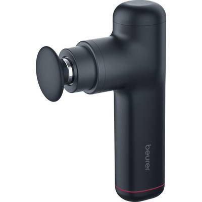 Zwart massageapparaat met afgerond opzetvlak, ergonomisch ontwerp, gemarkeerd met de merknaam aan de zijkant.