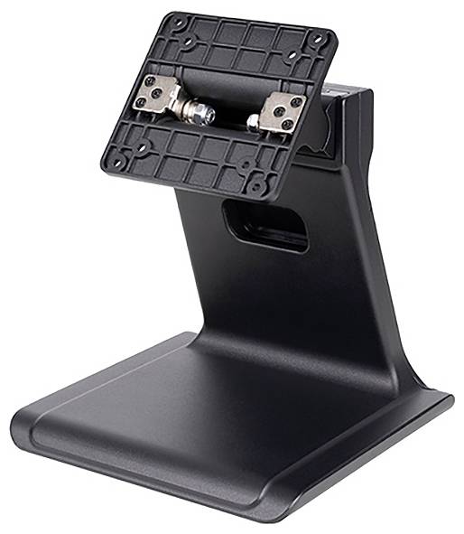 Zwarte monitorstandaard met rechthoekige voet en bevestigingsbeugel voor het plaatsen van een monitor. Geschikt voor bureaus en werkplekken.