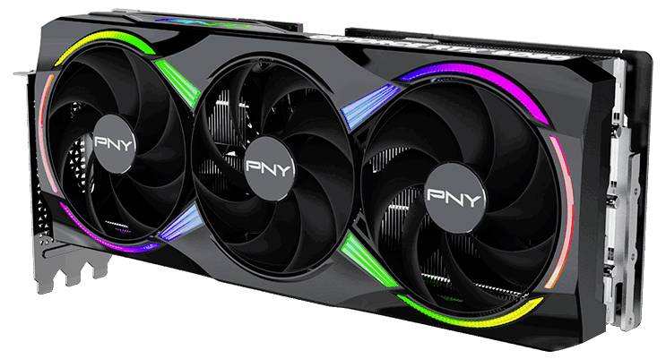 Een PNY-videokaart met drie ventilatoren en kleurrijke LED-verlichting, geschikt voor high-performance computing en gaming.