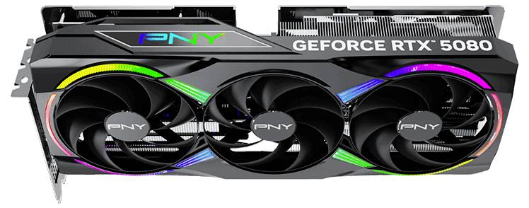 Een PNY GeForce RTX 5080-videokaart met drie ventilatoren en kleurrijke LED-verlichting, ontworpen voor krachtige computerapplicaties.