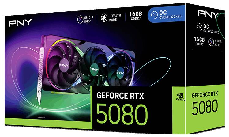 'Videokaart PNY GeForce RTX 5080, 16GB GDDR7, met RGB-verlichting. Op de verpakking worden overclocking en Stealth Mode benadrukt.'