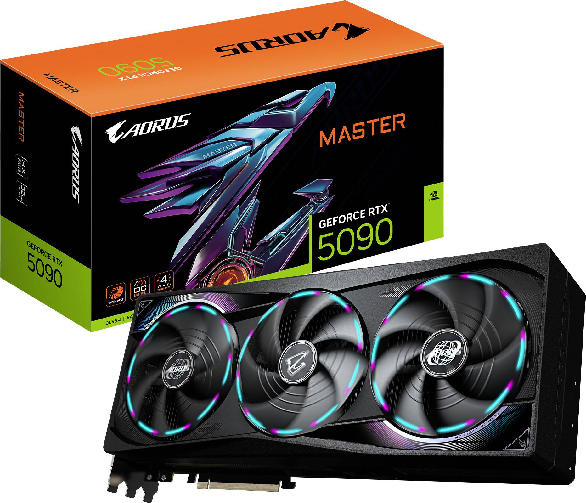 Videokaart 'AORUS GeForce RTX 5090' met drie ventilatoren, afgebeeld voor de productdoos die het model en logo toont.