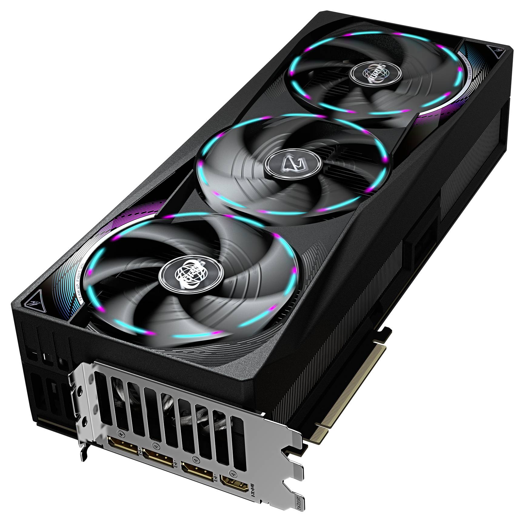 Videokaart met drie ventilatoren, RGB-verlichting, meerdere HDMI- en DisplayPort-aansluitingen. Zwarte behuizing met accentkleuren.