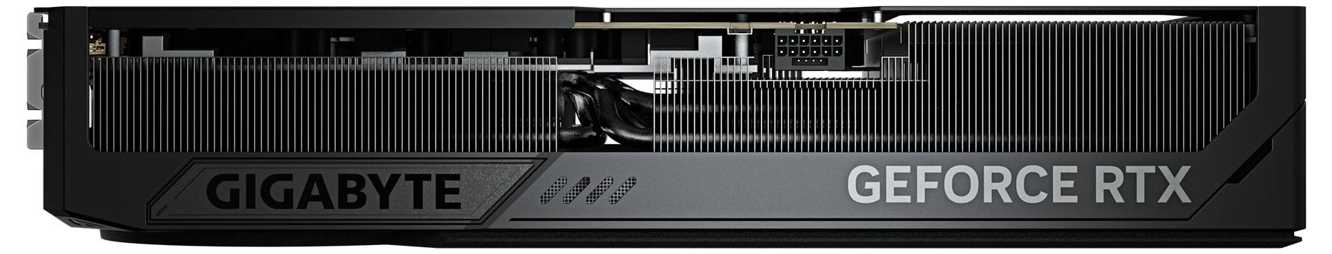 Grafische kaart van het merk Gigabyte, model GeForce RTX, met zwarte koelbehuizing en ventilator. Tekst: 'GIGABYTE', 'GEFORCE RTX'.