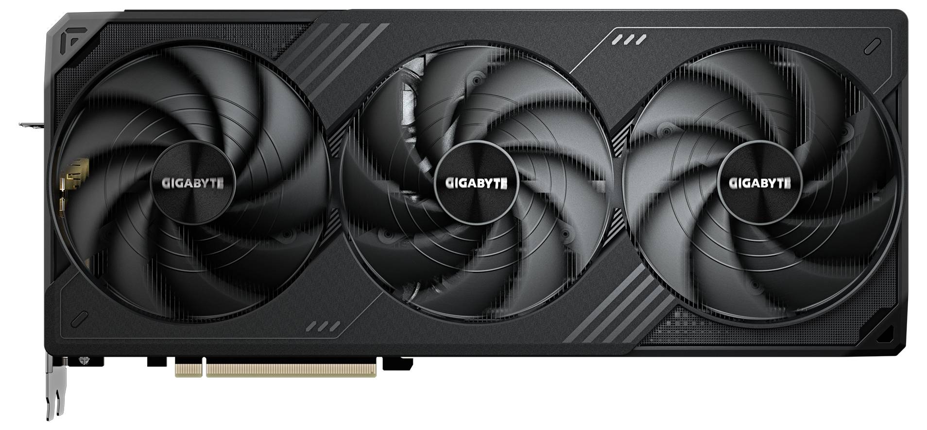 Videokaart met drie grote ventilatoren, zwarte behuizing en het opschrift 'Gigabyte'. Ontworpen voor krachtige computerapplicaties.