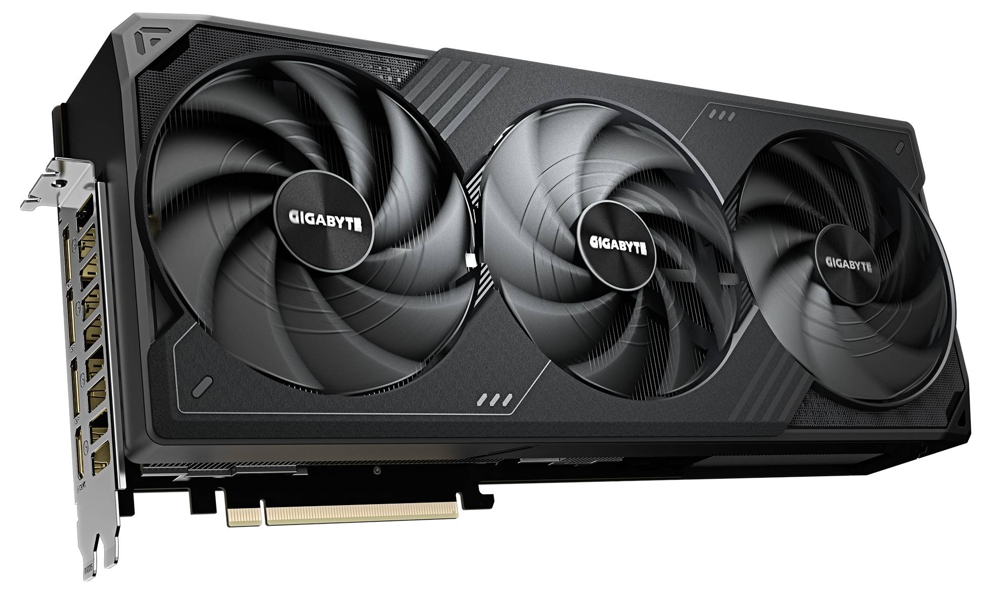 Videokaart met drie grote ventilatoren en zwarte behuizing. 'GIGABYTE' markering op de ventilatoren. Sleuven voor aansluiting op pc.