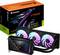AORUS RTX 5080 Xtreme Videokaart met RGB-verlichte ventilator en display aan de voorkant. Verpakking op de achtergrond.
