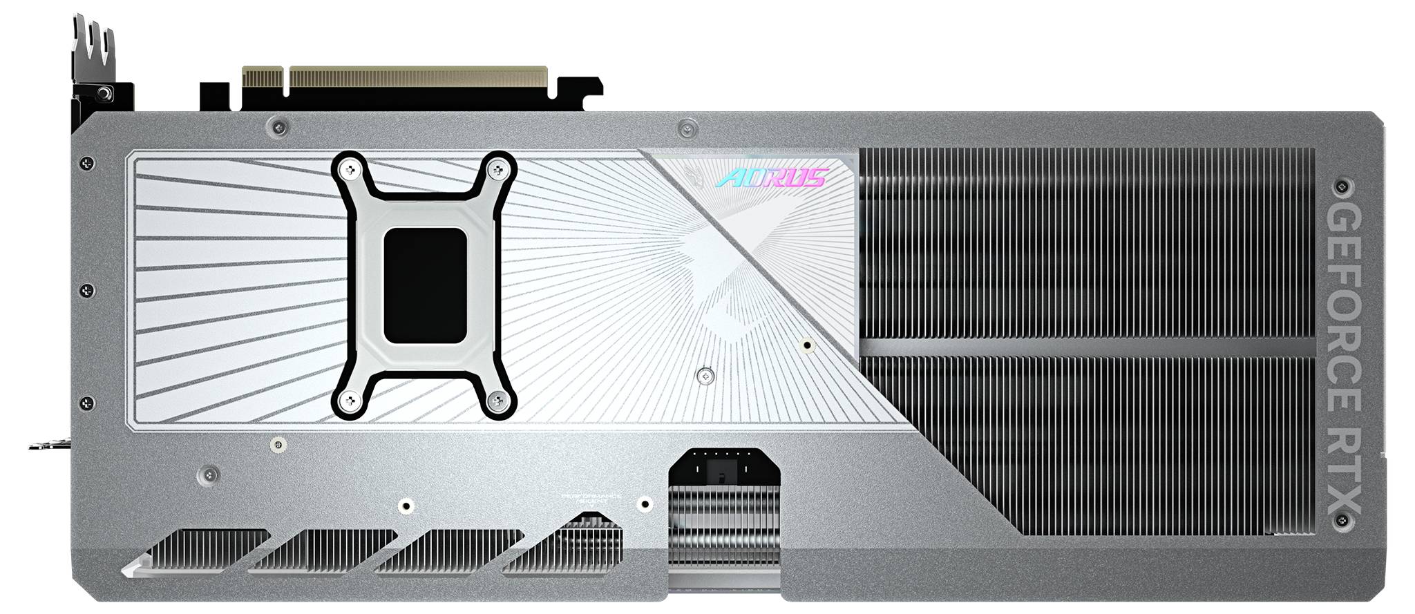 Grafische kaart van de RTX-serie, zijaanzicht met zilveren behuizing en ventilatiesleuven; merklogo 'AORUS' zichtbaar aan de bovenkant.
