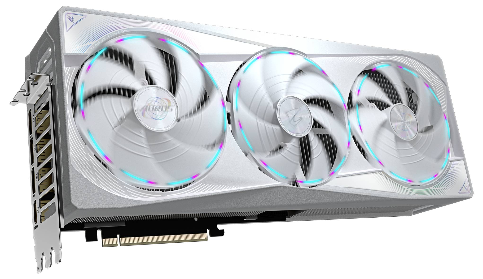 Grafische kaart met drie ventilatoren en RGB-verlichting, zilverkleurige behuizing. Ontworpen voor krachtige computerapplicaties en gaming.