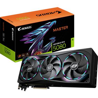 Een AORUS GeForce RTX 5080 grafische kaart met drie ventilatoren, naast de oranje verpakking met het AORUS-logo.