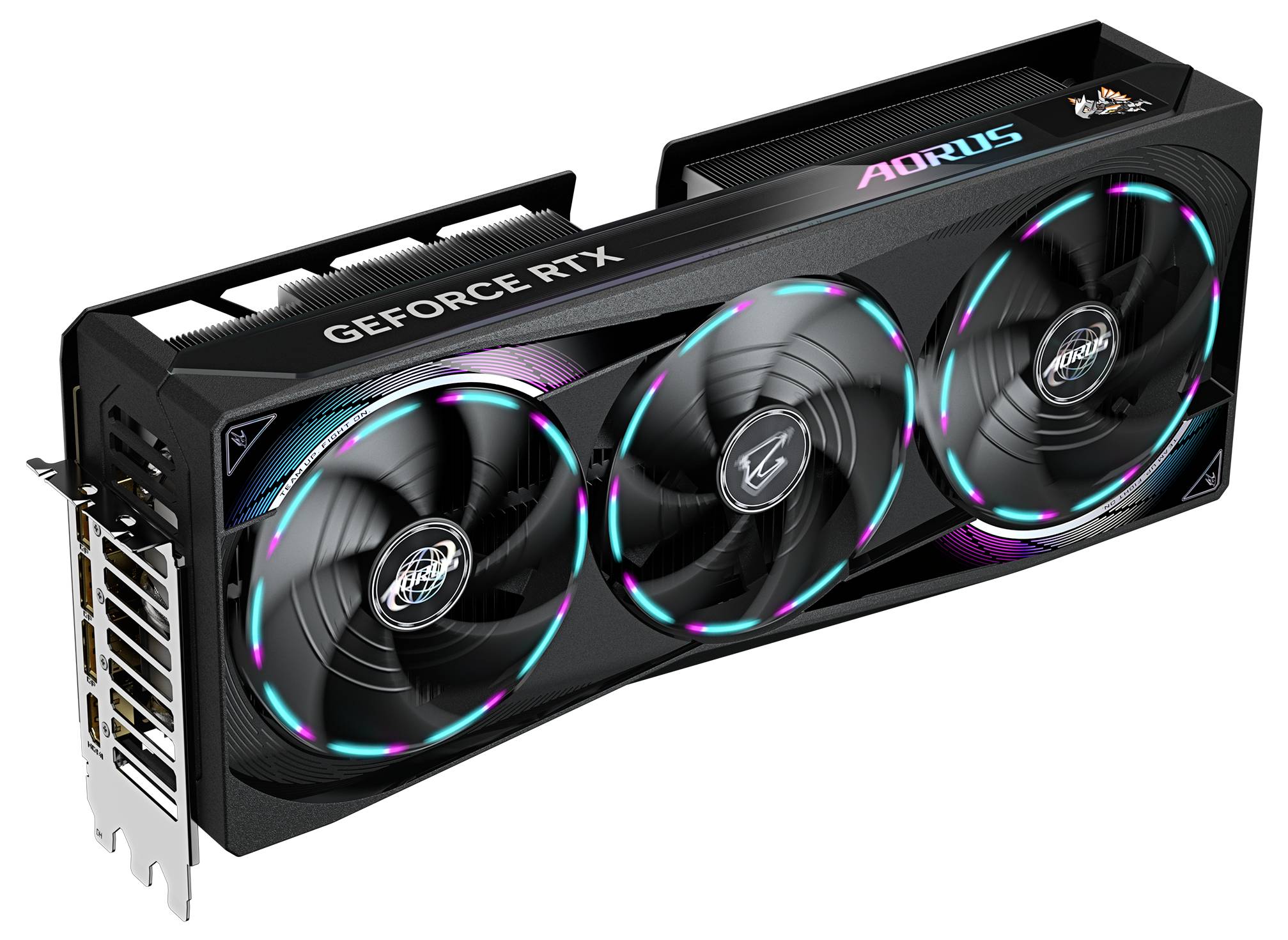 Een zwarte videokaart met drie ventilatoren. Opschrift: 'GEFORCE RTX' en 'AORUS'. Hij toont RGB-verlichting rond de ventilatoren.