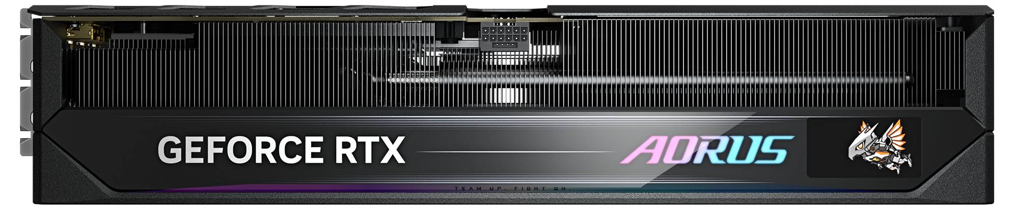 Grafische kaart in het zwart, zijaanzicht. 'GeForce RTX' en 'Aorus'-logo's zijn zichtbaar. Bevat gekleurde LED-strips.