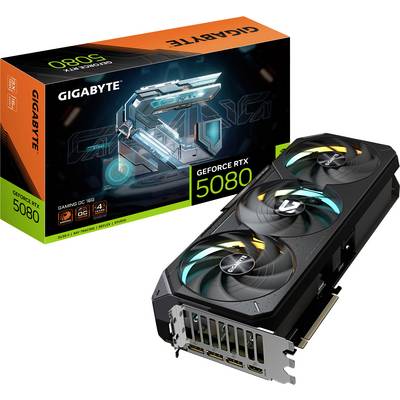 Grafische kaart van Gigabyte, model GeForce RTX 5080, met drie ventilatoren, afgebeeld naast de productdoos.