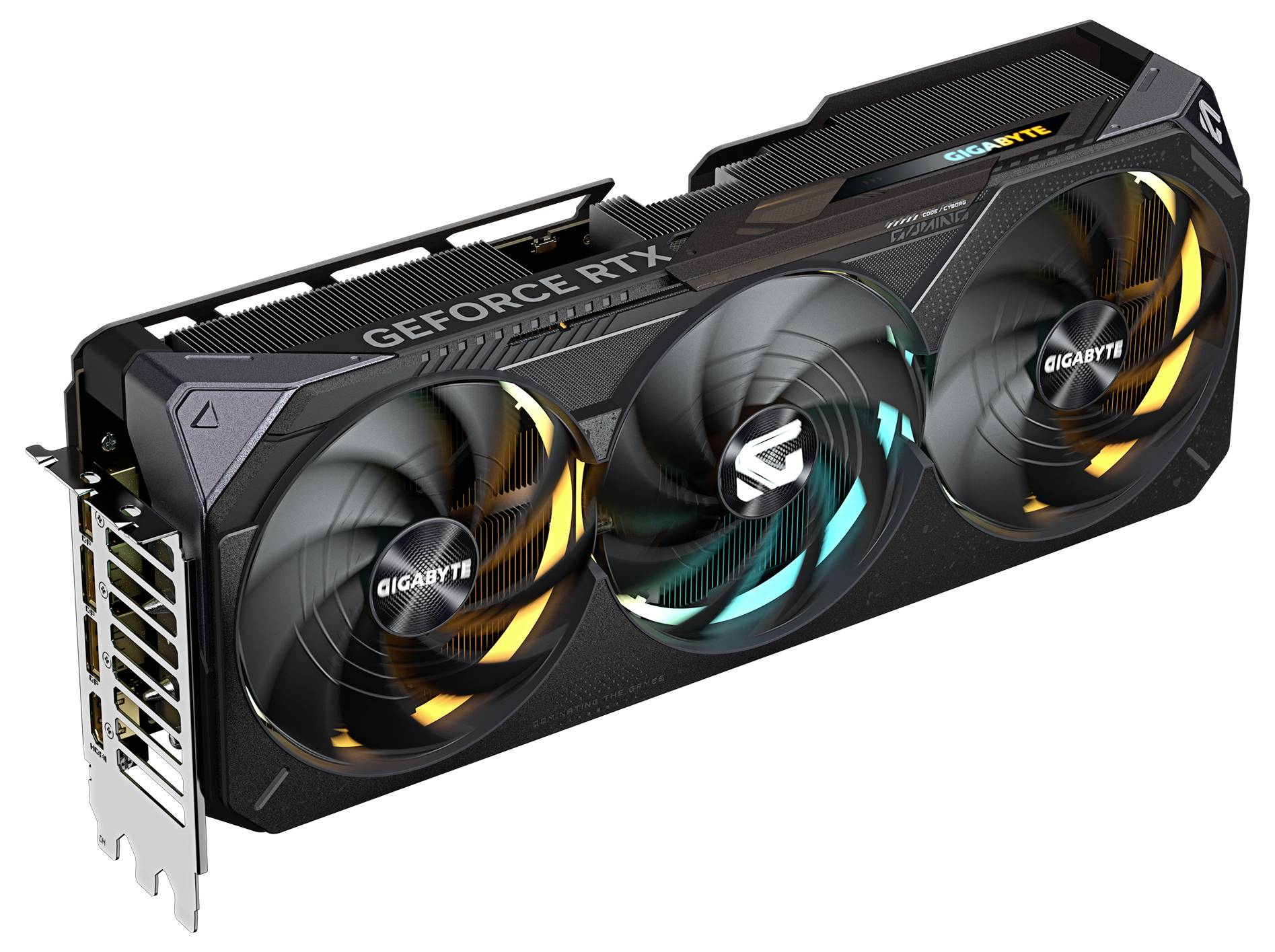 Een zwarte grafische kaart van het merk GIGABYTE met drie ventilatoren en de tekst 'GEFORCE RTX' op de bovenkant.