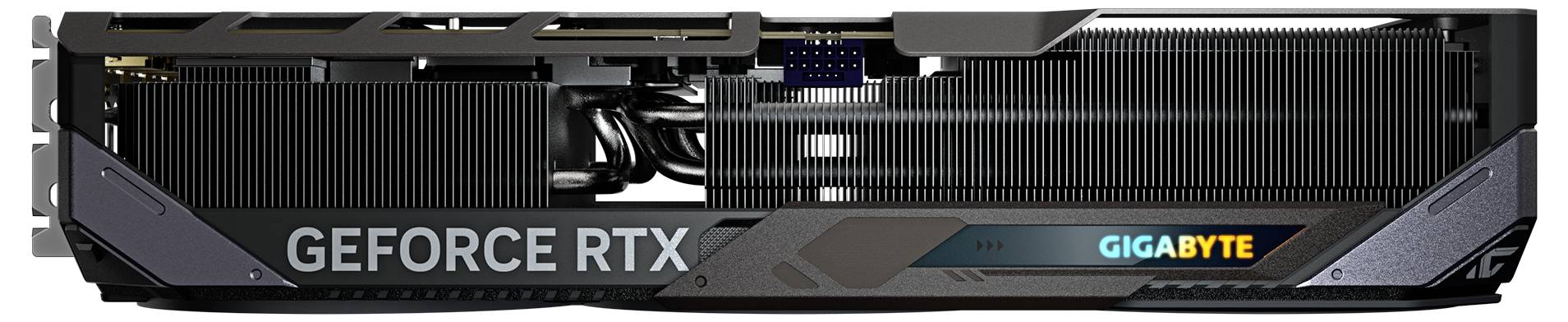 Videokaart van het merk Gigabyte, model GeForce RTX, met een brede koeler en zichtbaar logo.