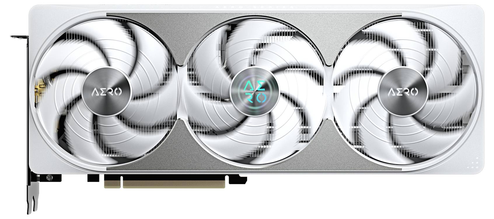 Een videokaart met drie grote witte ventilatoren, gemerkt met 'AERO' op een zilverkleurige behuizing.