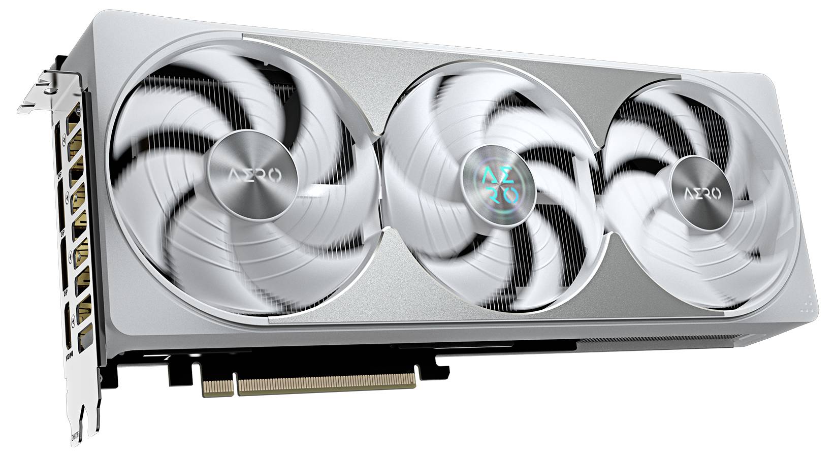 Videokaart met drie ventilatoren en zilver design, zijaanzichten van de aansluitingen zichtbaar.