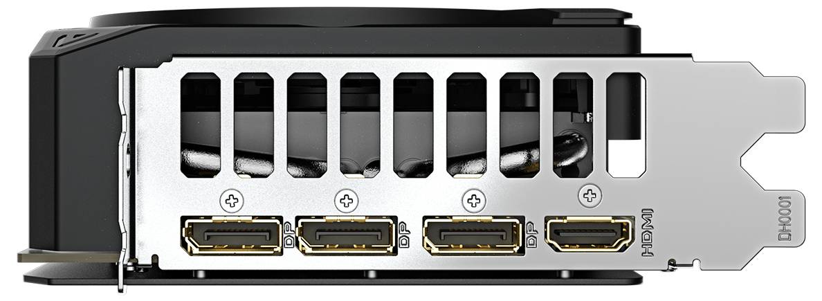 Achterkant van een videokaart met vier HDMI-poorten en ventilatiesleuven, die kan worden gebruikt voor het aansluiten van monitors of tv-toestellen.