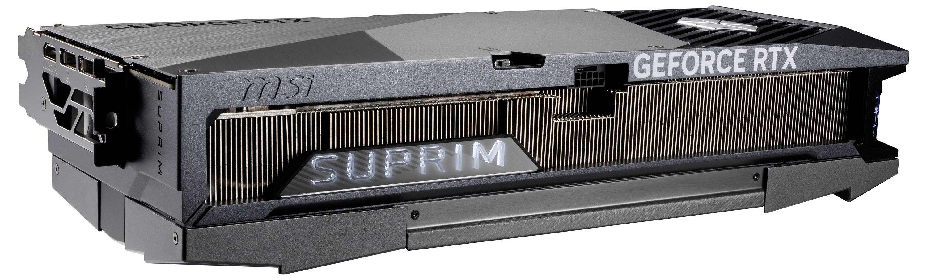 Een MSI GeForce RTX videokaart in zwart en grijs met de tekst 'SUPRIM' aan de zijkant.