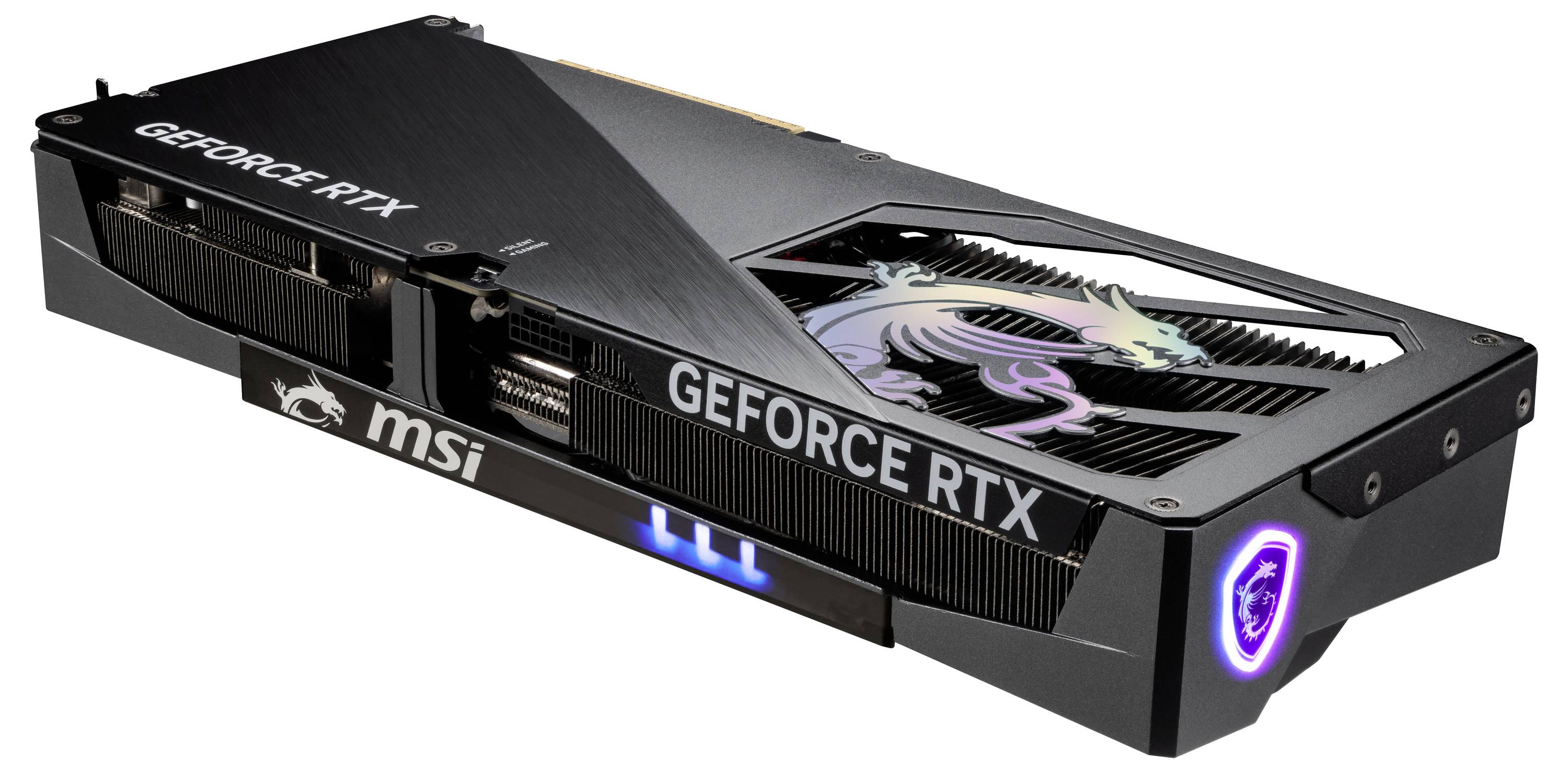 Een zwarte grafische kaart van het merk MSI met een 'GEFORCE RTX'-opdruk en een verlicht drakenlogo op de bovenkant.