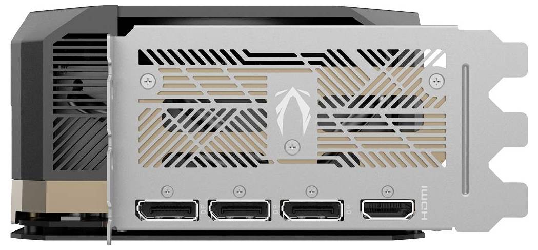 'Videokaart met vier HDMI-poorten aan de achterzijde, gedetailleerd ontwerppatroon op de koelbehuizing, geschikt voor computeropbouw.'