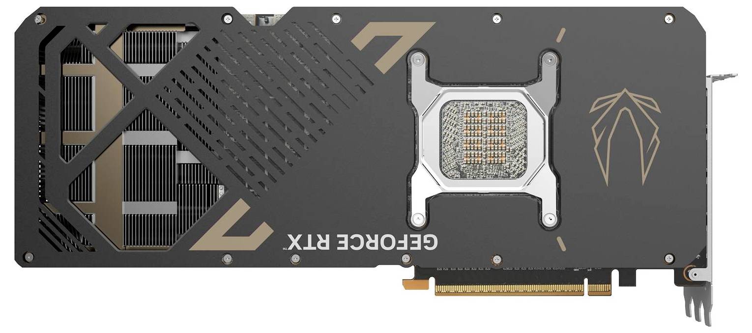 Een videokaart gezien van bovenaf, met de tekst 'GEFORCE RTX' en een ventilator met koelribben aan de linkerkant.