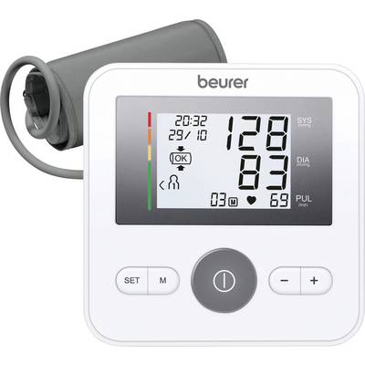 Elektronisch bloeddrukmeetapparaat met digitale weergave. Toont Systole 128, Diastole 83, Hartslag 69. Symbool voor correcte meting.