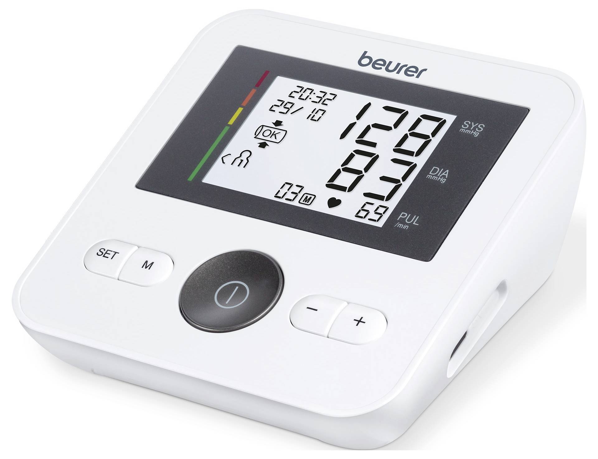 Digitaal bloeddrukmeetapparaat met display. Toont meetwaarden van 128 SYS, 83 DIA en 69 PUL. Rechtsboven worden datum en tijdstip weergegeven.