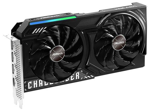 Een grafische kaart met twee grote ventilatoren die koeling bieden voor hoge prestaties. Modelnaam en fabriekslogo zichtbaar.