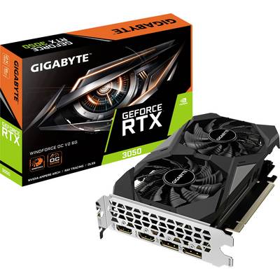 'GIGABYTE GeForce RTX 3050 Windforce OC V2 6G': Videokaart met twee ventilatoren, HDMI- en DisplayPort-aansluitingen, verpakking op de achtergrond.
