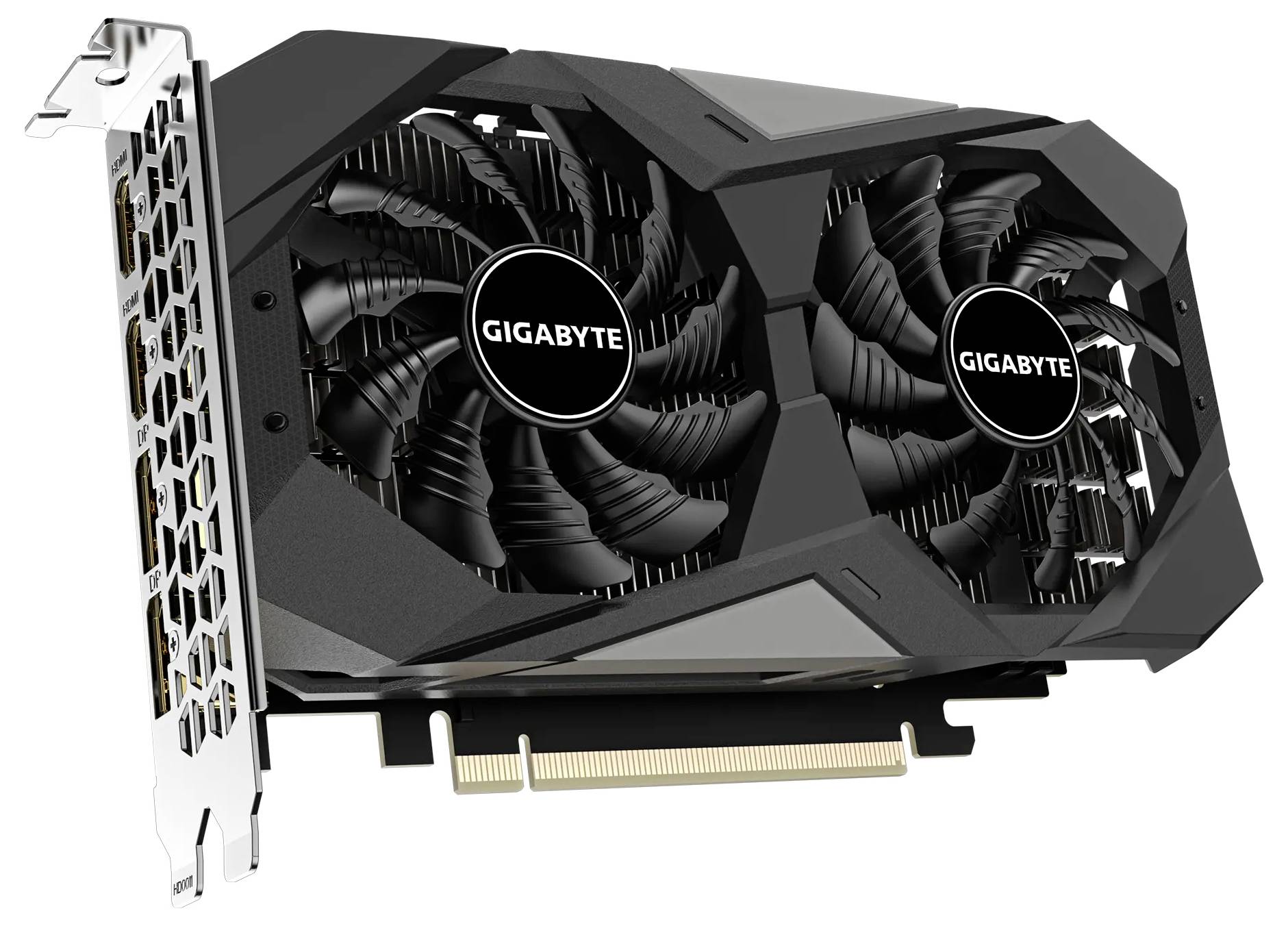 Videokaart van Gigabyte met twee ventilatoren, zwarte behuizing en PCIe-aansluiting.