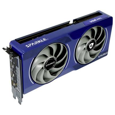 Een blauwe videokaart met twee ventilatoren, voorzien van de opschriften 'SPARKLE' en 'Intel ARC' aan de bovenkant.