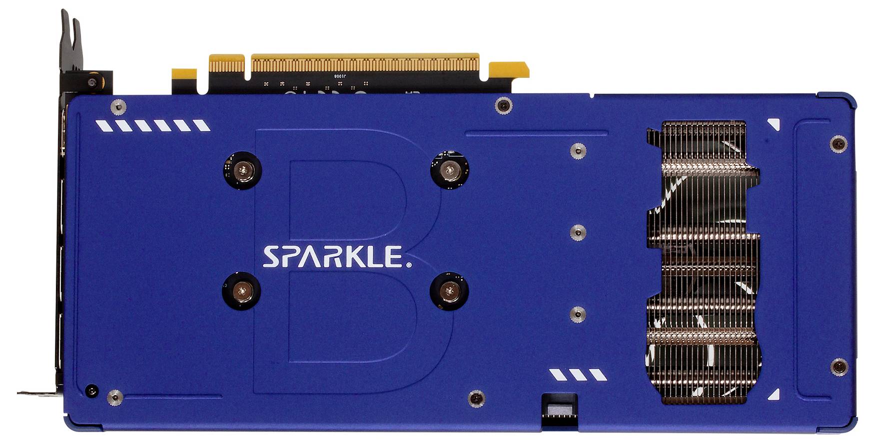 'Blauw computeronderdeel met ventilatiesleuven; opschrift SPARKLE.'