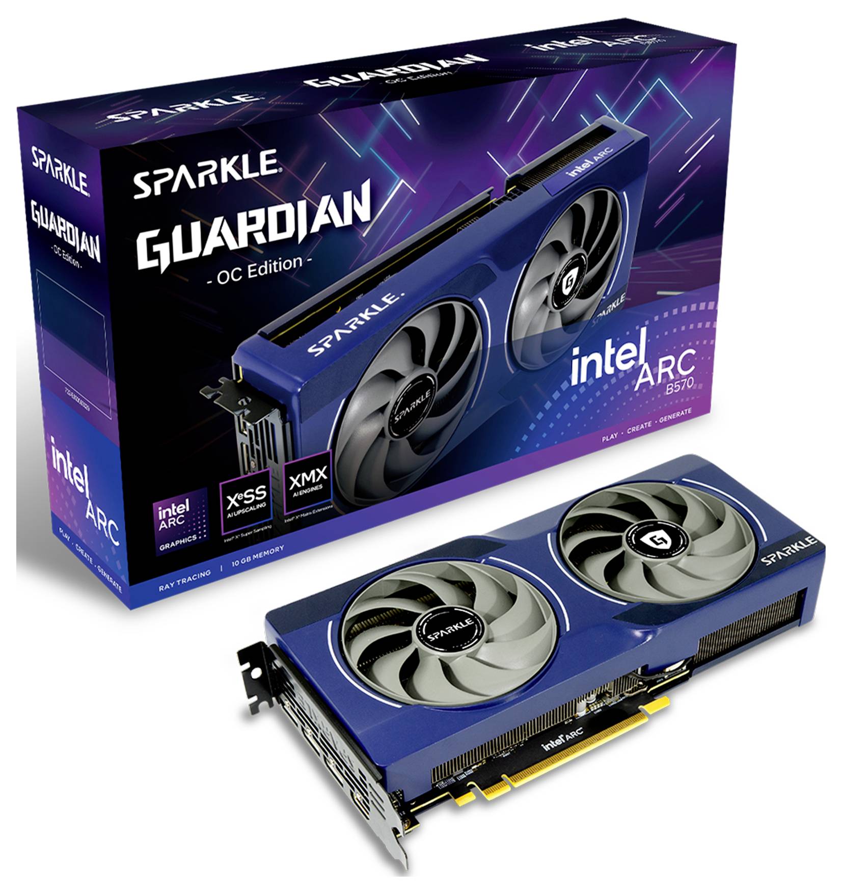 Grafische kaart Sparkle Guardian OC Edition met twee ventilatoren, gepresenteerd in een blauwe verpakking met Intel Arc-branding.