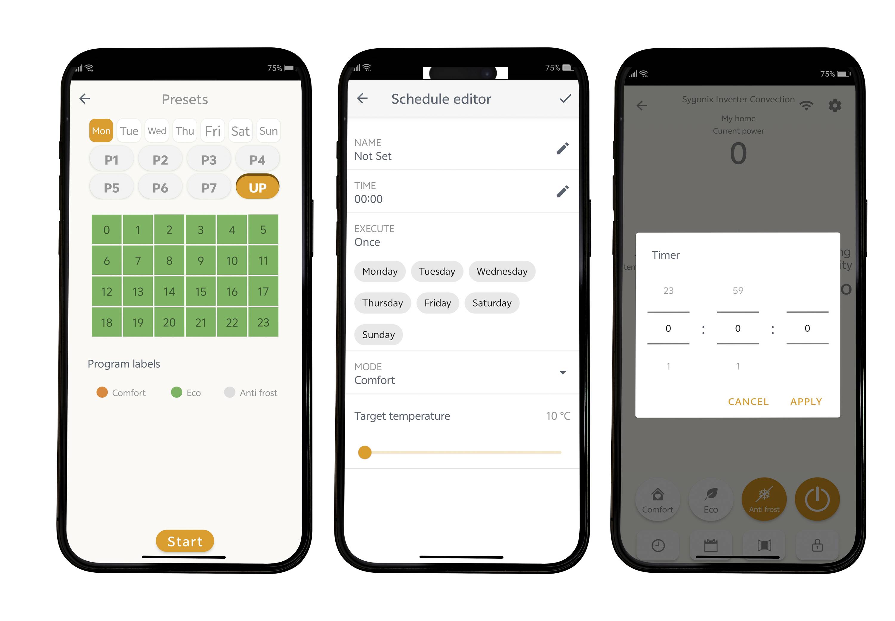 Drie smartphoneschermen tonen een verwarmingsbesturings-app: links weekplanning, midden tijdplaninstellingen, rechts timer voor instelling.