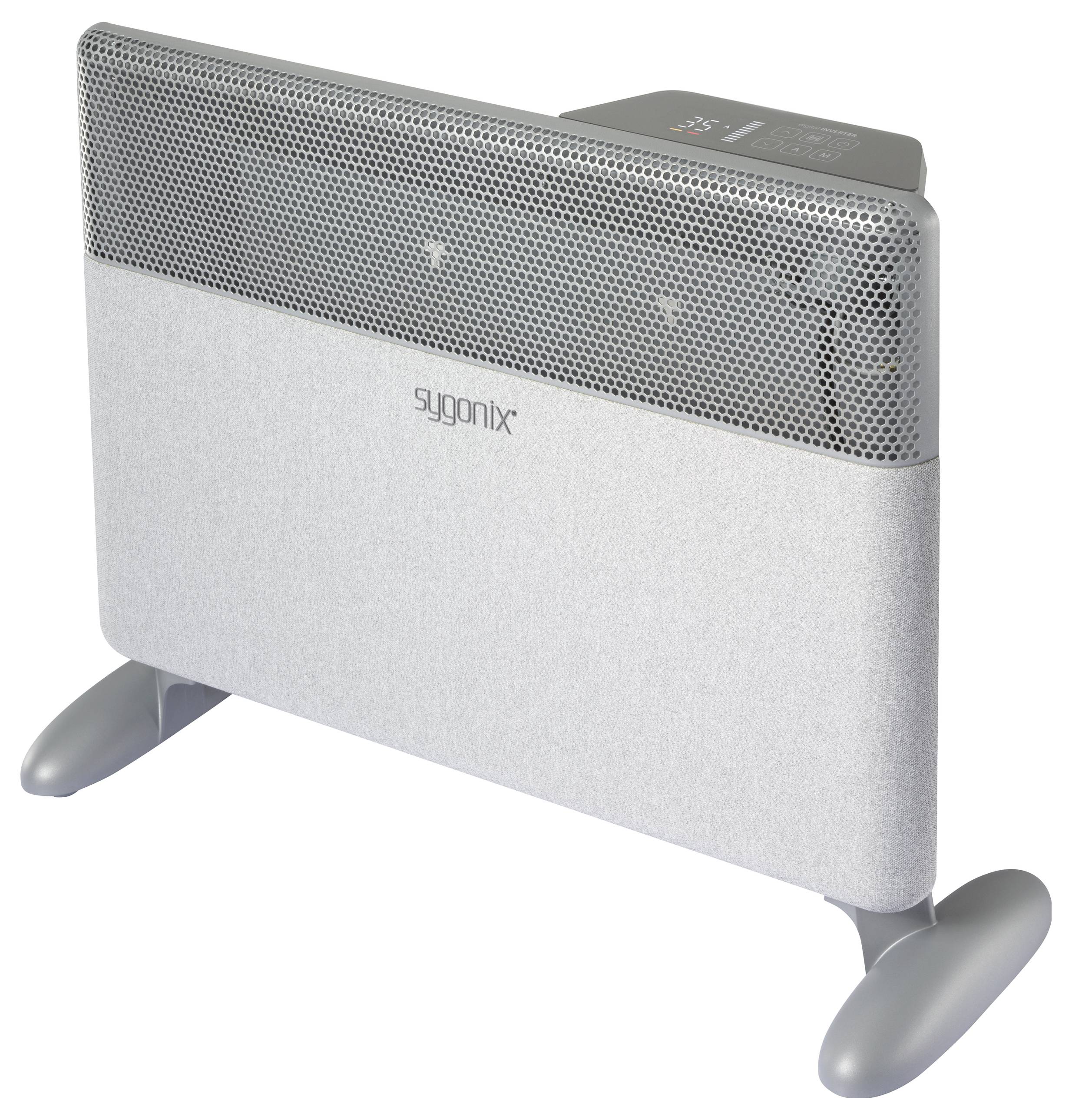 Elektrische radiator met digitaal display rechtsboven, toont temperatuur. Modern design met grijze stoffelijke bekleding.