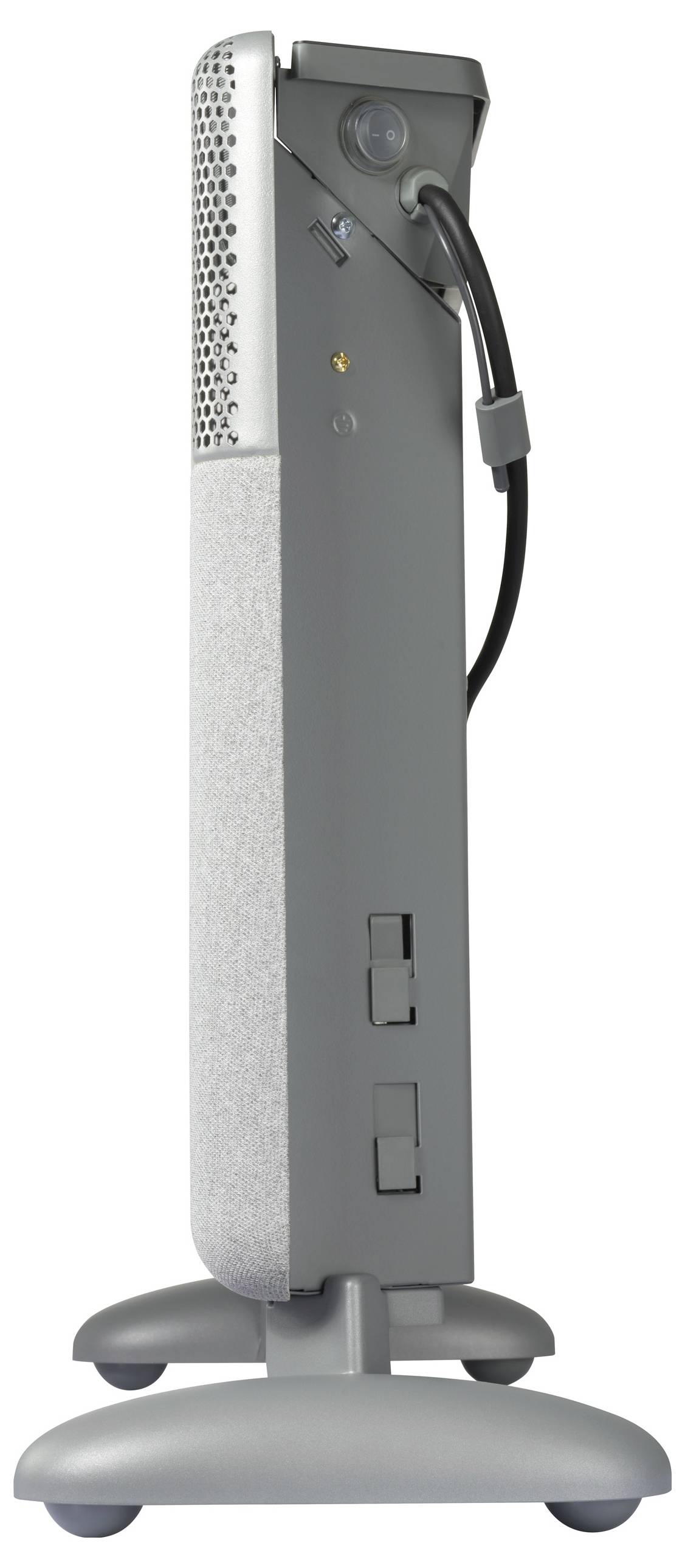 Een grijs-zilveren elektrische verwarmingsventilator, zijdelings afgebeeld, toont ventilatierooster en standpoten.