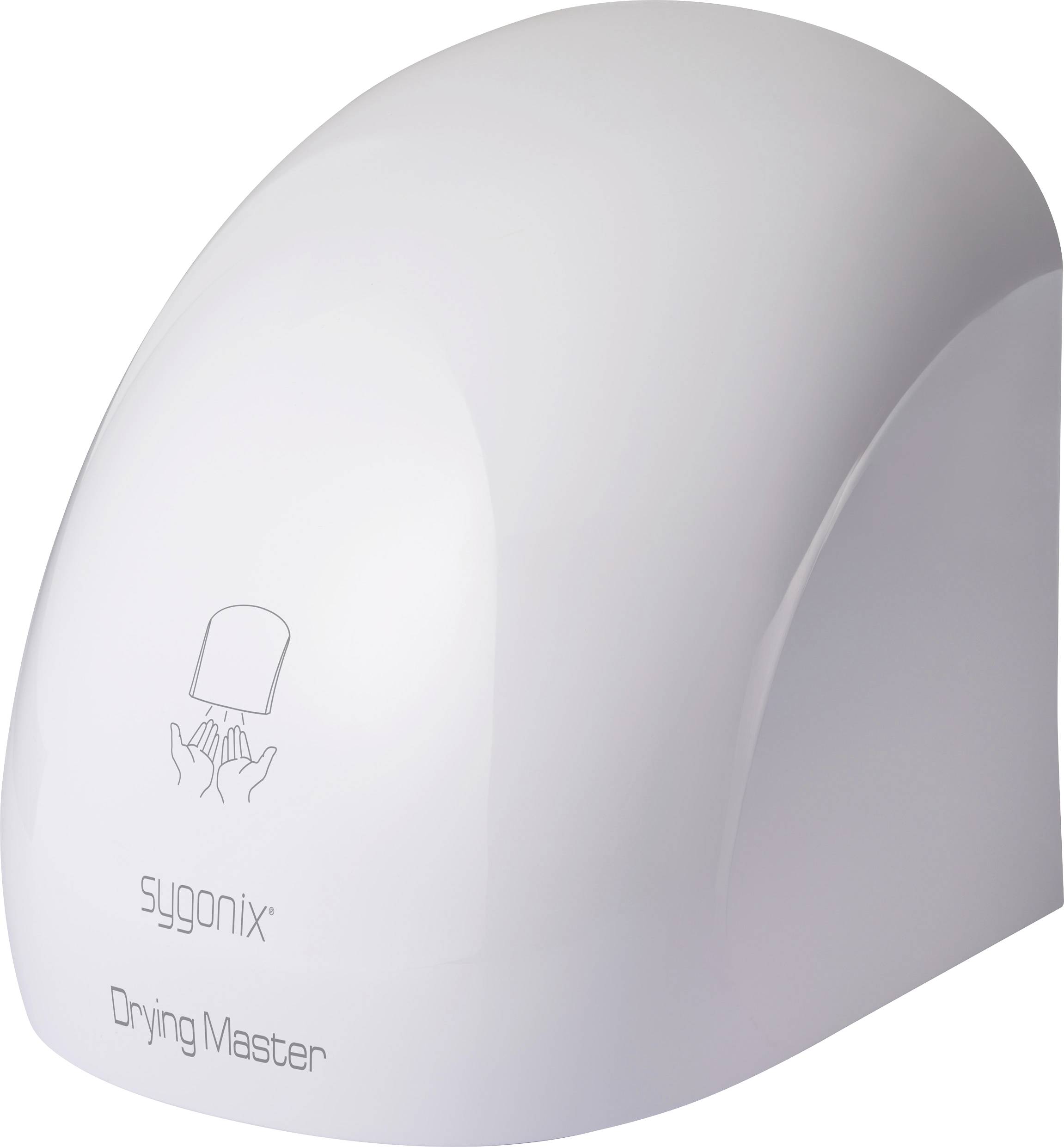 Een witte automatische handdroger aan de muur, met het merk 'Sygonix Drying Master', voorzien van een pictogram dat handen onder een luchtstroom voor het drogen aangeeft.