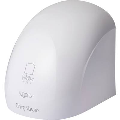 Een witte automatische handdroger aan de muur, met het merk 'Sygonix Drying Master', voorzien van een pictogram dat handen onder een luchtstroom voor het drogen aangeeft.