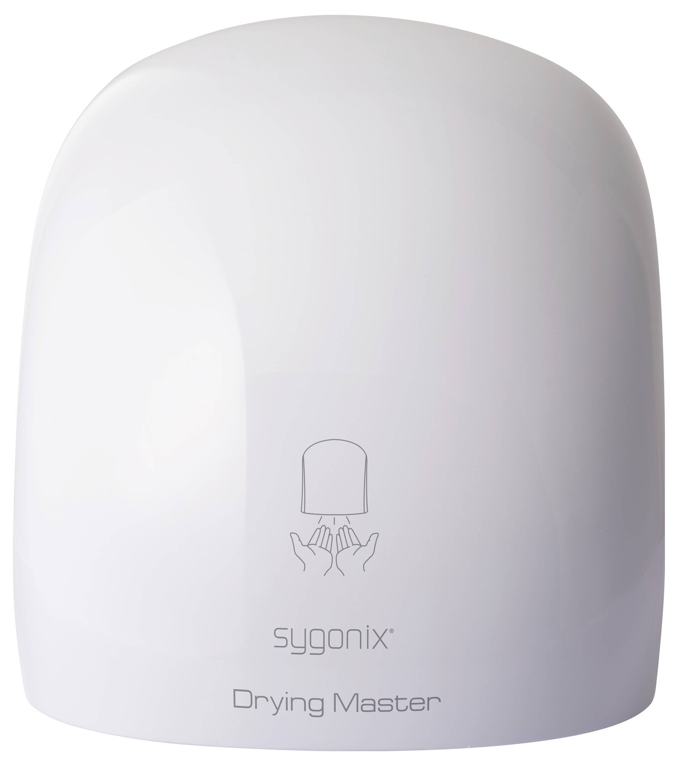 Een witte handföhn gelabeld als 'sygonix Drying Master' met een symbool dat handen toont die worden gedroogd onder een mondstuk.