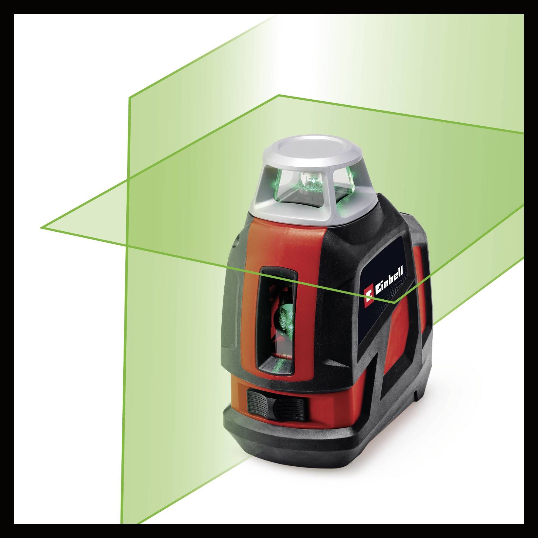 Een kruislijnen-laser met een groene straal, die wordt geprojecteerd op een vlak oppervlak. Voornamelijk in zwart en rood ontworpen.