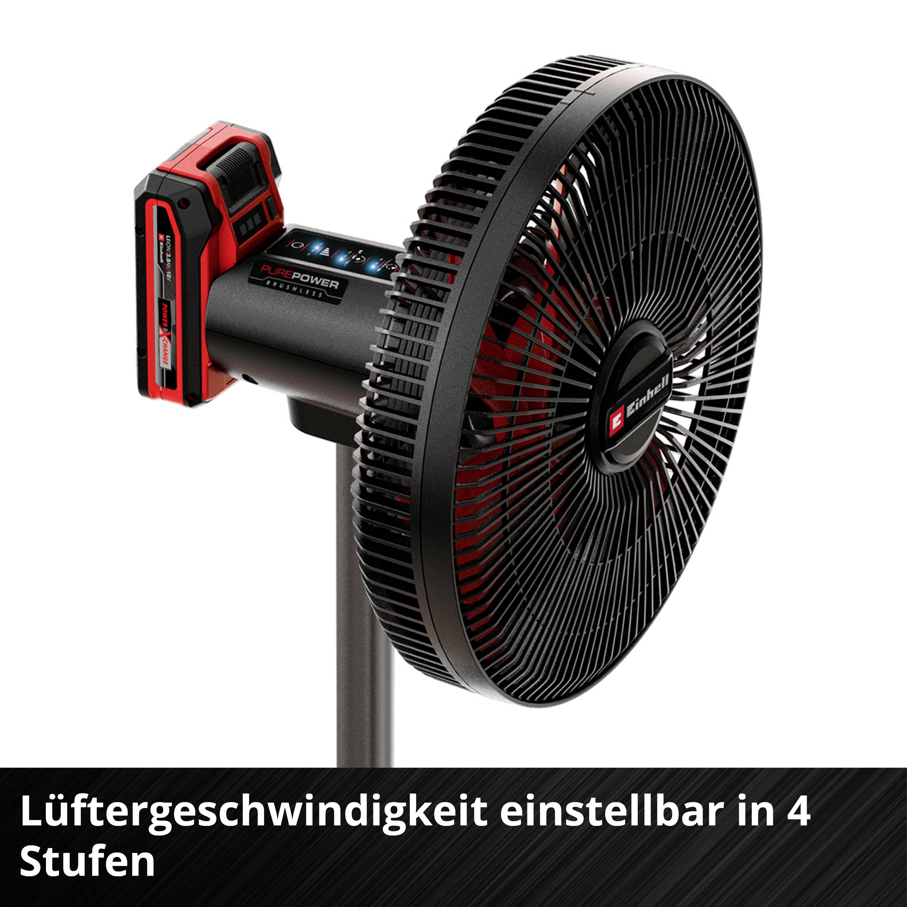 Een zwart-rode statiefventilator met instelbare ventilatorsnelheid in 4 standen.
